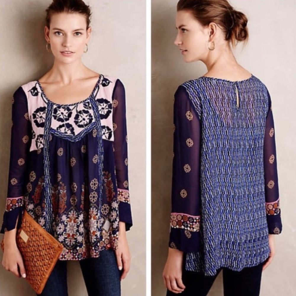 Anthropologie Floreat Rhiannon Peasant Top Bohemian Blouse Violet Blue and Pink